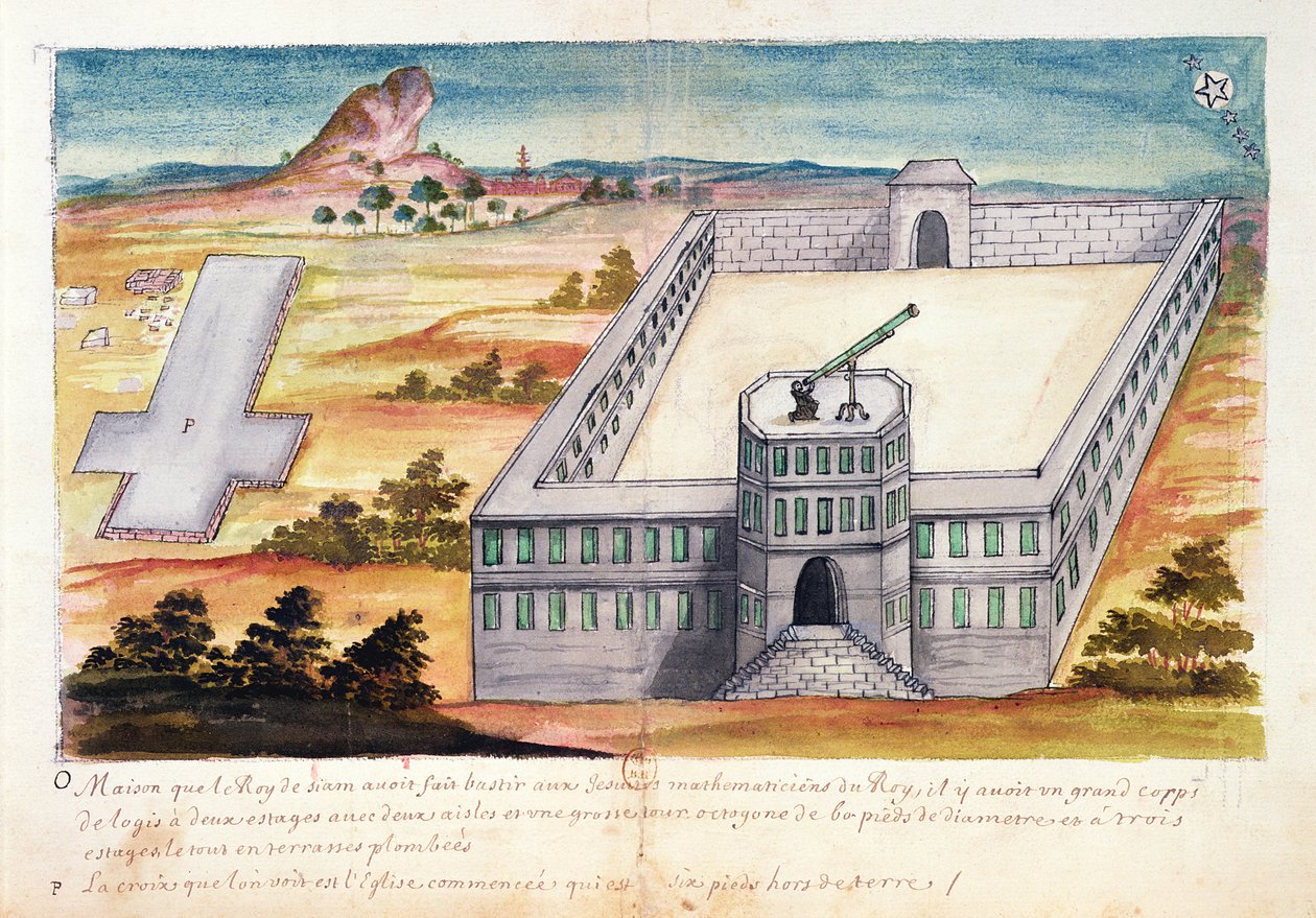 Ház és csillagvizsgáló, amelyet Sziám királya épített a jezsuita matematikusok számára, a sziámi jezsuiták beszámolójából, 1688 (wc papíron) alkotó: French School