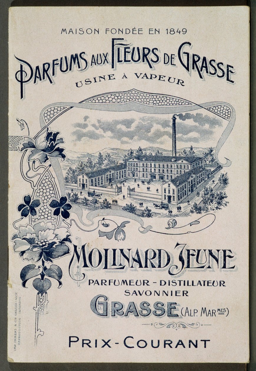 1849-ben alapított ház - Fragrances aux Fleurs de Grasse - Gőzüzem: Molinard Jeune - Molinard gyárat bemutató reklámkártya - metszet, XX. század eleje alkotó: French School