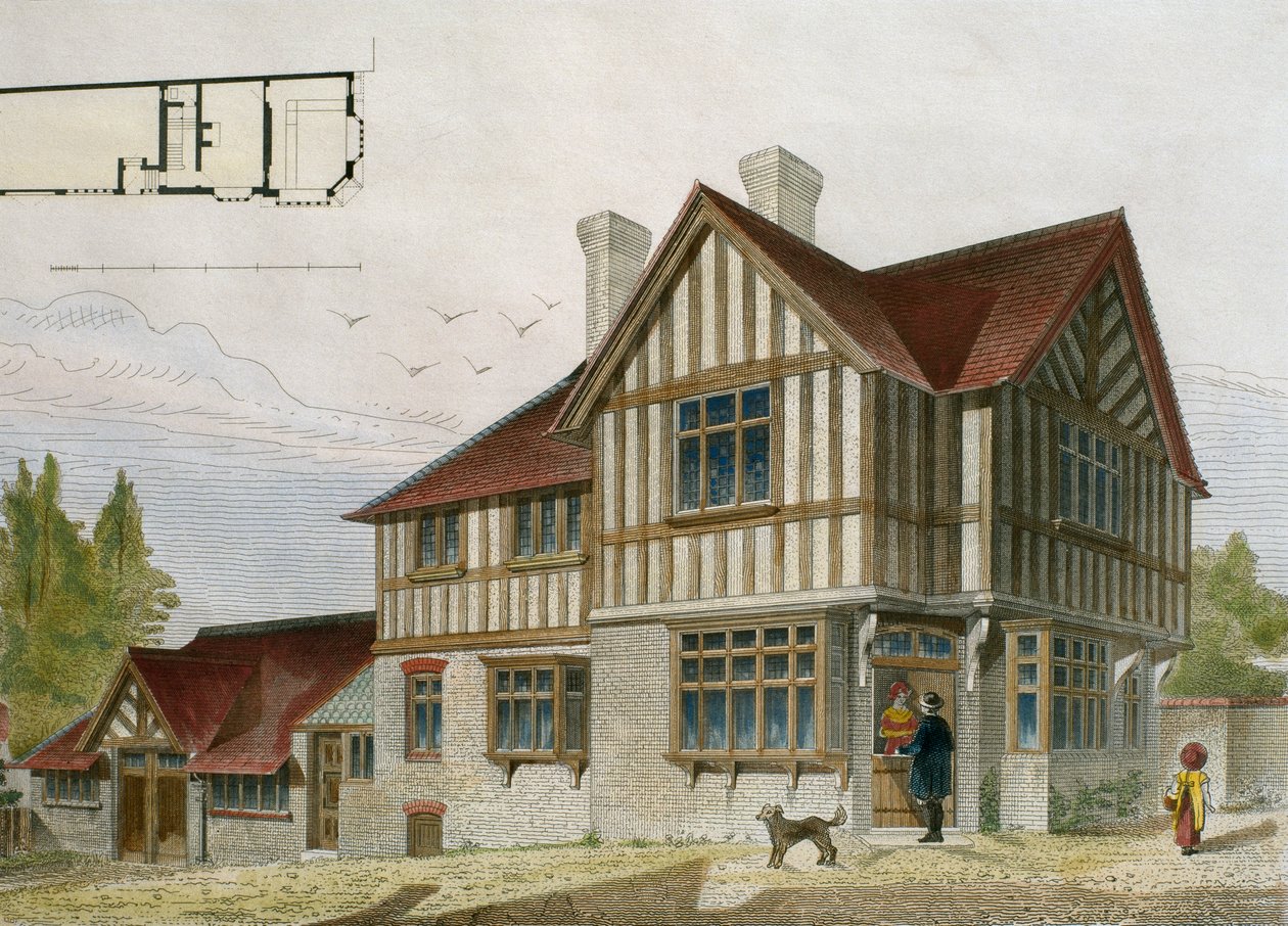 Egy kis boltos háza London környékén, illusztráció a Le Moniteur des architectesből, 1884, vésette Paul Louis Bury (XIX. század) (színes metszet) alkotó: French School