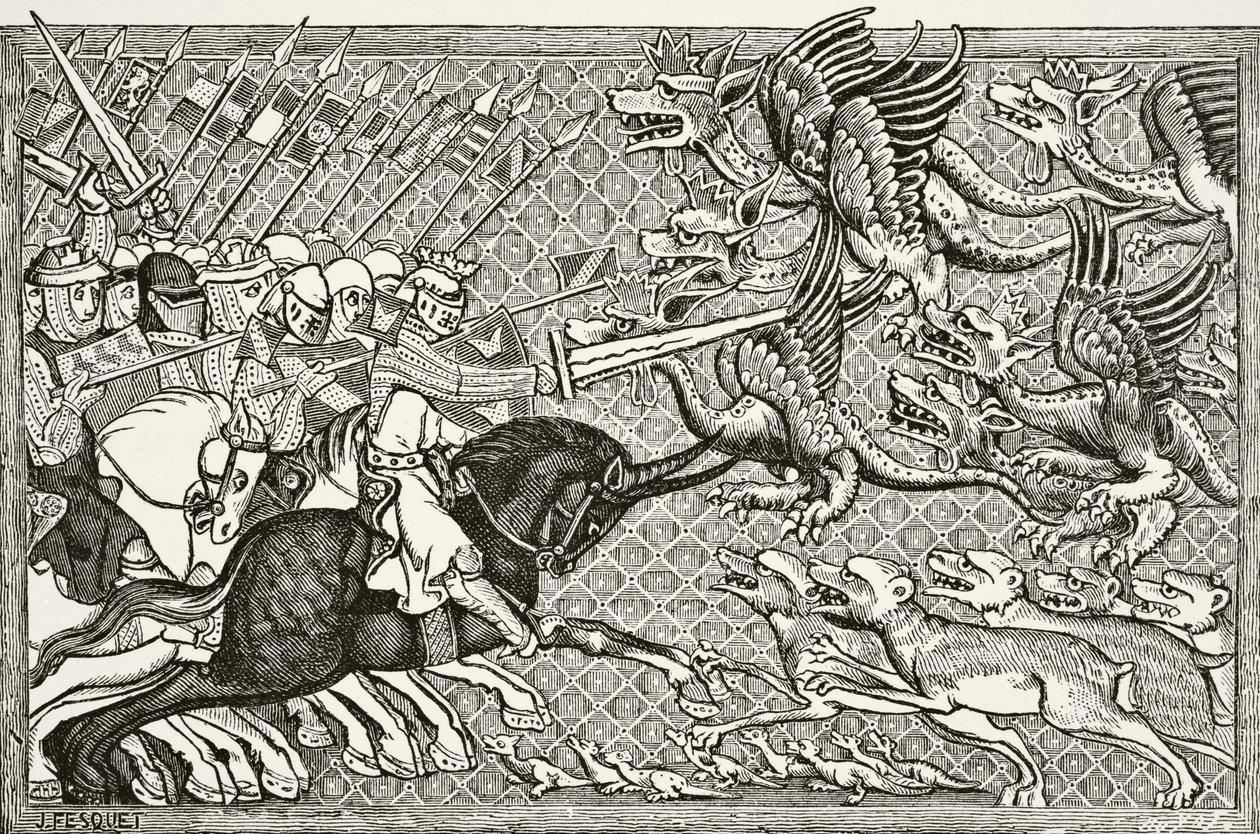 Hogyan harcolt Sándor a sárkányokkal és a Scorpion nevű fenevadfajjal, Paul Lacroix (1806-84) „Tudomány és irodalom a középkorban” című művéből, 1878-ban Londonban. alkotó: French School