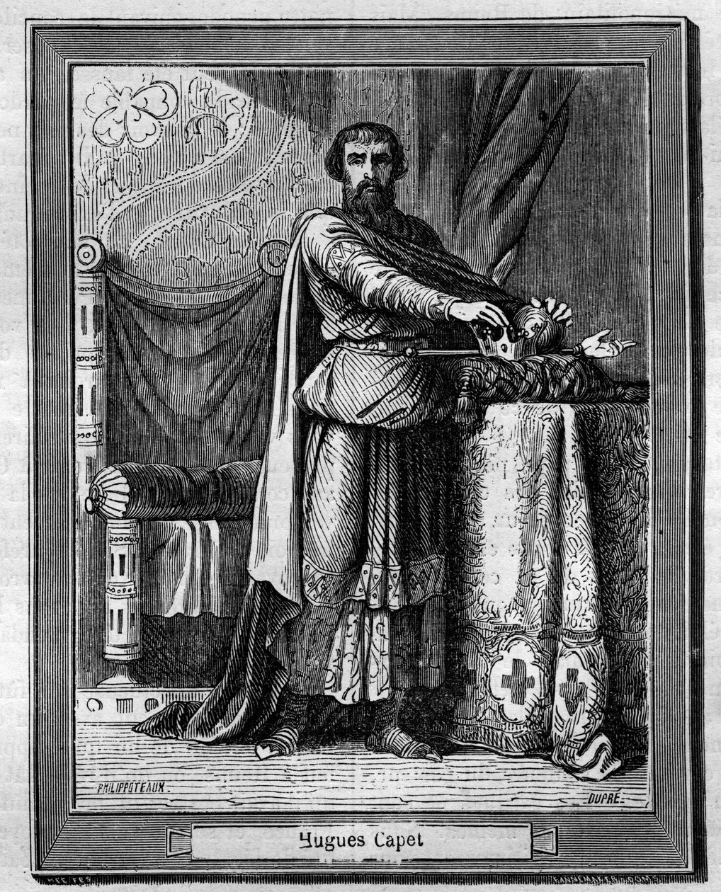Hugues Capet (940-996), a frankok királya (alul) Metszet a „Pápák-királyok-királynők és császárok története évszázadokon keresztül” című könyvében, Maurice Lachatre alkotó: French School