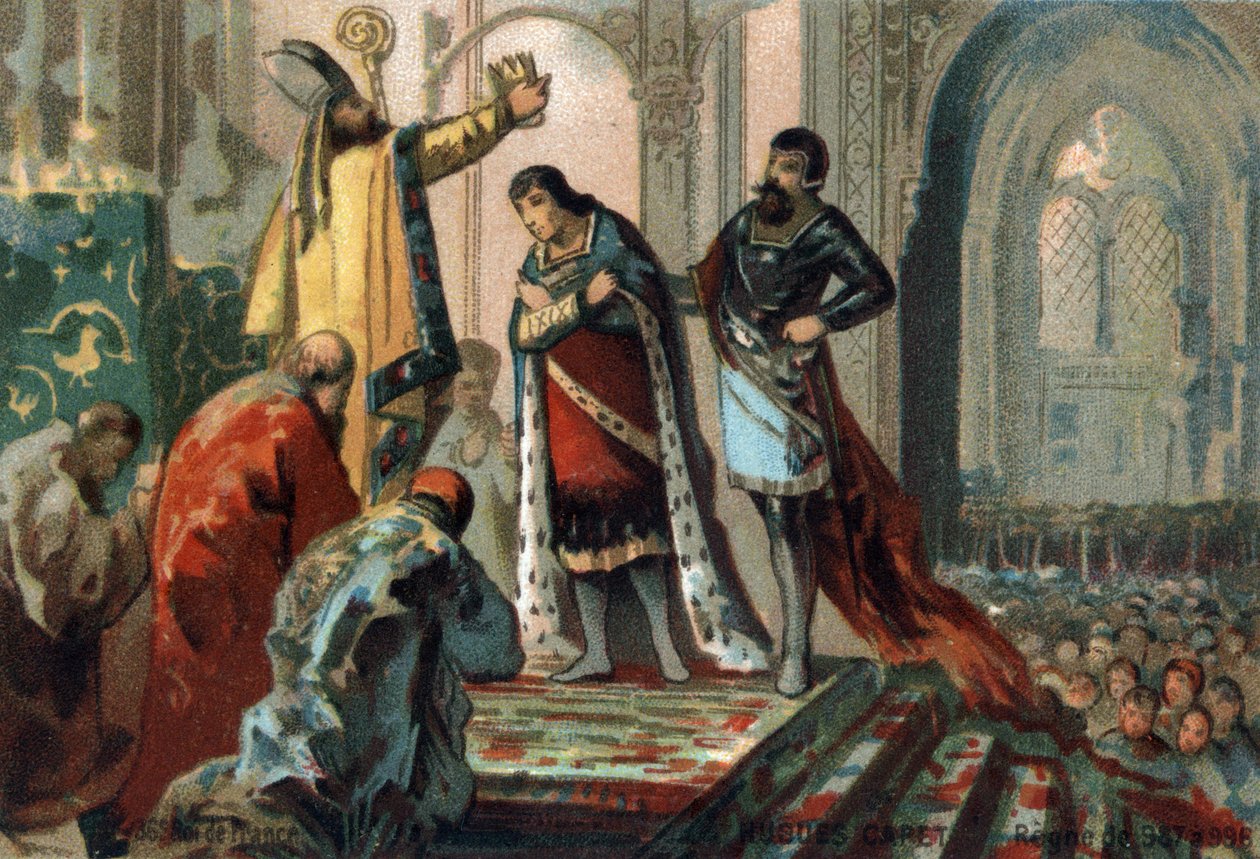 Hugues Capet, Franciaország királya 987 és 996 között, fiát, a leendő Jámbor Róbertet (972-1031), amelyet Adalberon (kb. 925-990), Reims archívuma szentelt meg, a Cathedrale d