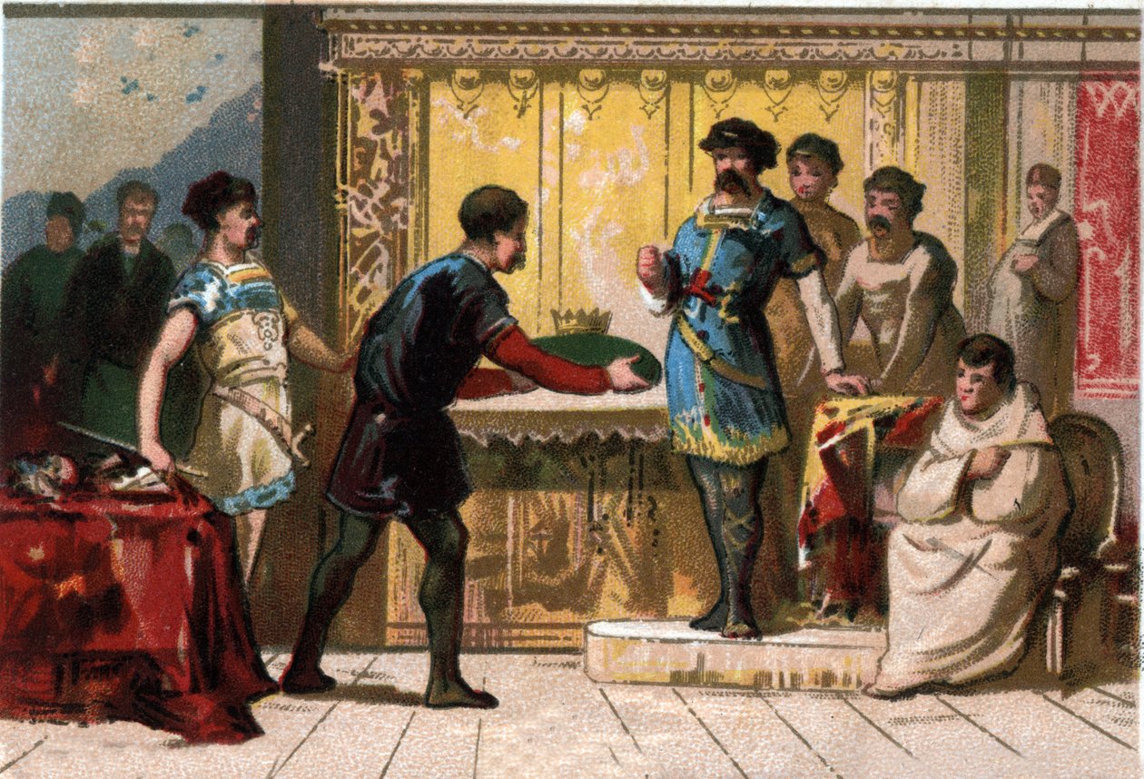 Nagy Hugues (897-956) megkoronázza a burgundiai Raoult vagy Rodolphe-ot (körülbelül 890-936), Burgundia hercegét és Franciaország királyát. A 19. század végének kromolitográfiája. alkotó: French School