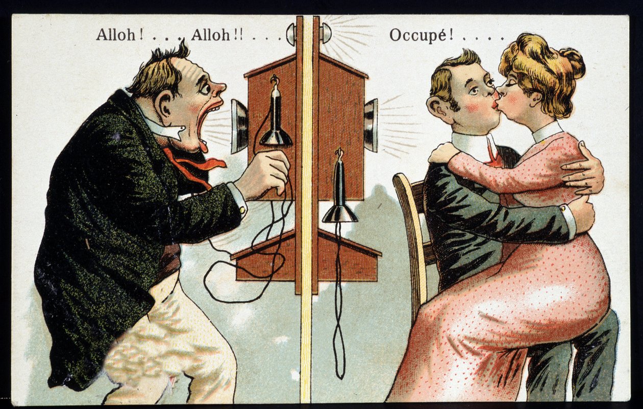 Humoros képeslap a telefonban, deb. 20. század. alkotó: French School