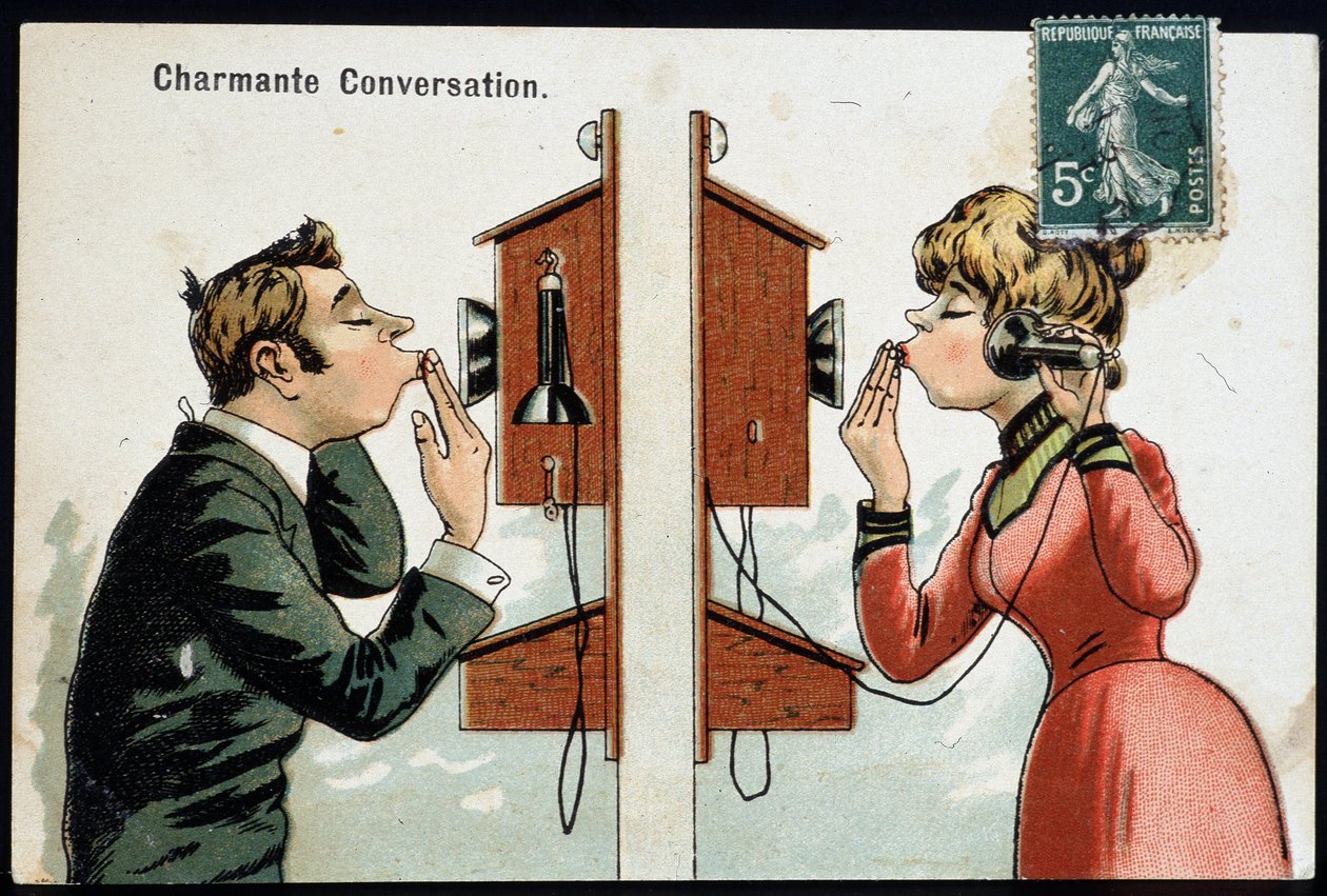 Humoros képeslap a telefonban, deb. 20. század @Selva/Leemage alkotó: French School