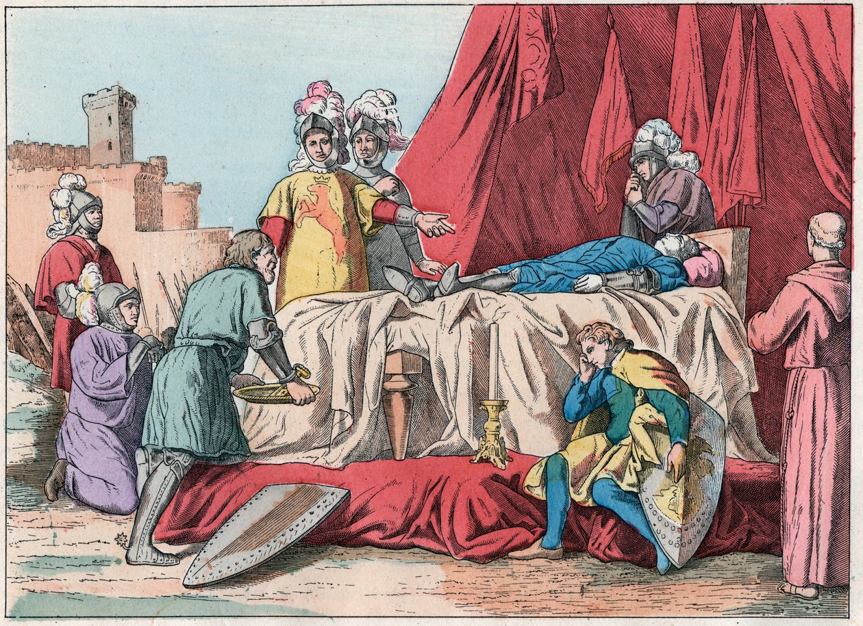 Százéves háború: "" Bernard du Guesclin (1320-1380) halála Chateauneuf de Randon előtt 1380. július 13-án" - Duguesclin halála (Chateauneuf-de-Randon ostroma alatt, 1380. július 13-án ) - A 19. század végi metszet „” Nos Giresben alkotó: French School