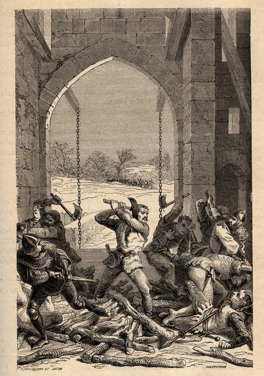 Százéves háború: "" La prize du Chateau de Grand Fougeray, Bertrand Du Guesclin (1320-1380) en 1356, Grand-Fougeray, Ille et Vilaine” (1356-ban Rennes ostroma alatt az angolok a száz év részeként fel volt öltözve bertrand duguesclin alkotó: French School