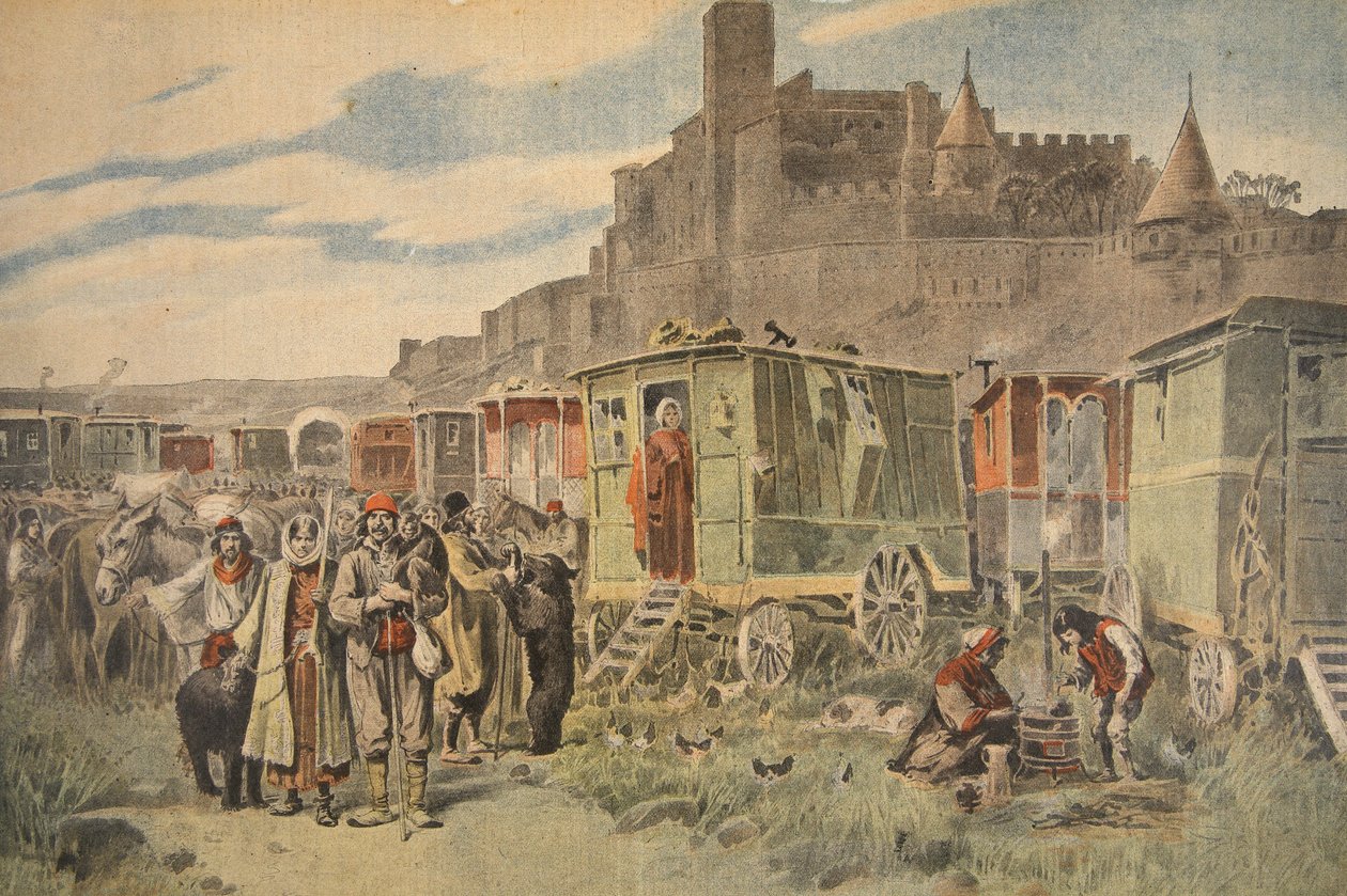 Magyar cigányok Carcassonne-on kívül, illusztráció a Le Petit Journalból: Supplement illustre, 1898. december 18. alkotó: French School