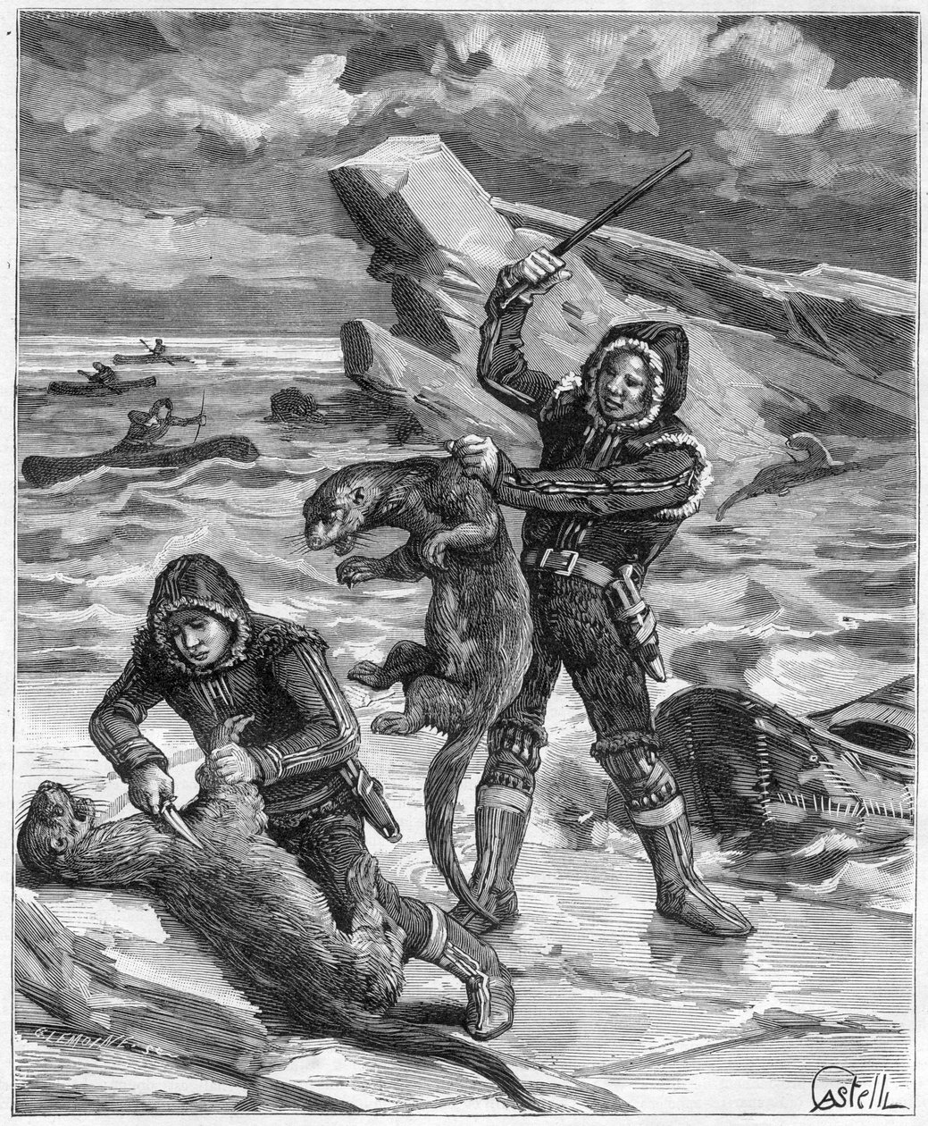 Vadász vidrák Alaszkában – az alaszkai vidrák vadásza 1888-ban – Metszet a „Journal des Voyages””-ban, 1888 alkotó: French School