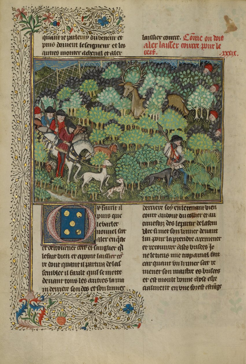 Szarvast üldöző vadászok, 1430-40 körül (tempera, aranyfesték, ezüstfesték és levélarany) alkotó: French School
