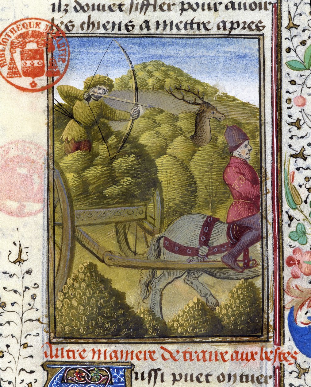 Szarvasvadászat íjjal és akasztóval – Gaston Phoebus, Foix grófja, Béarn ura „” Vadászkönyvében” alkotó: French School