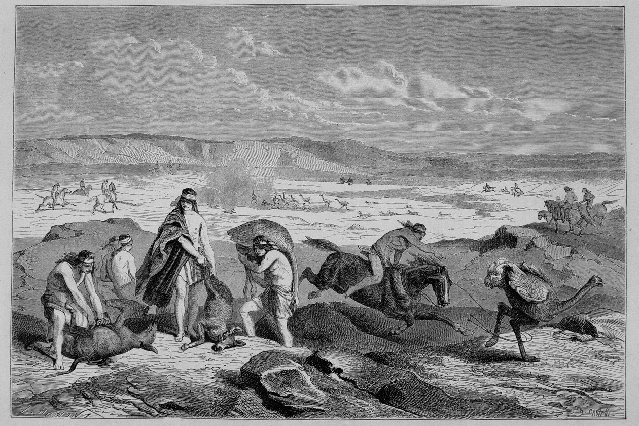 Guanakó (vad láma) és nandou (vagy patagóniai strucc) vadászata Argentínában – a Tour du Monde-ban, 1861 2. hete alkotó: French School
