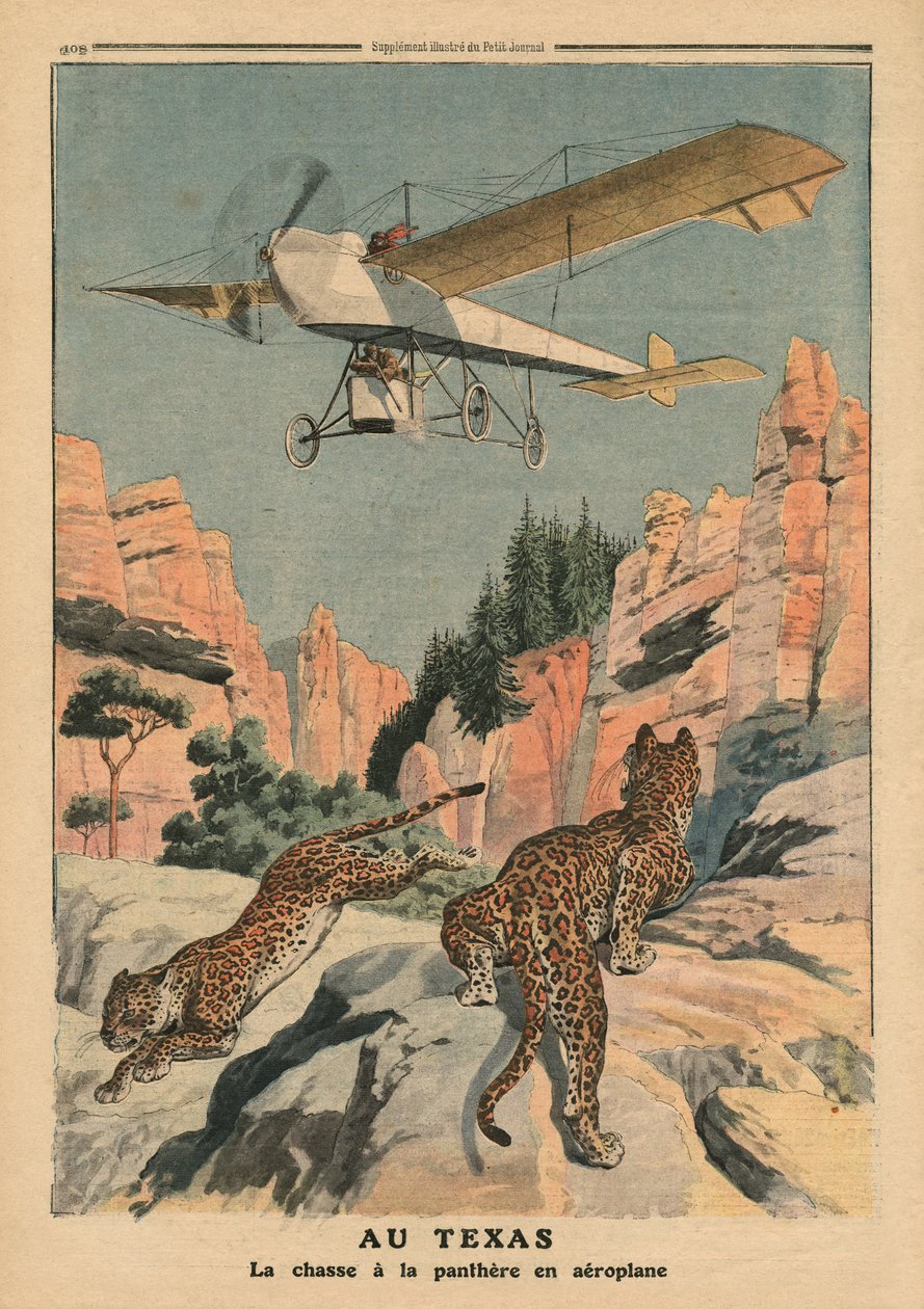 Párducra vadászva egy repülőgépről Texasban, illusztráció a „Le Petit Journal”-ból, mellékillusztráció, 1911. december 17. alkotó: French School