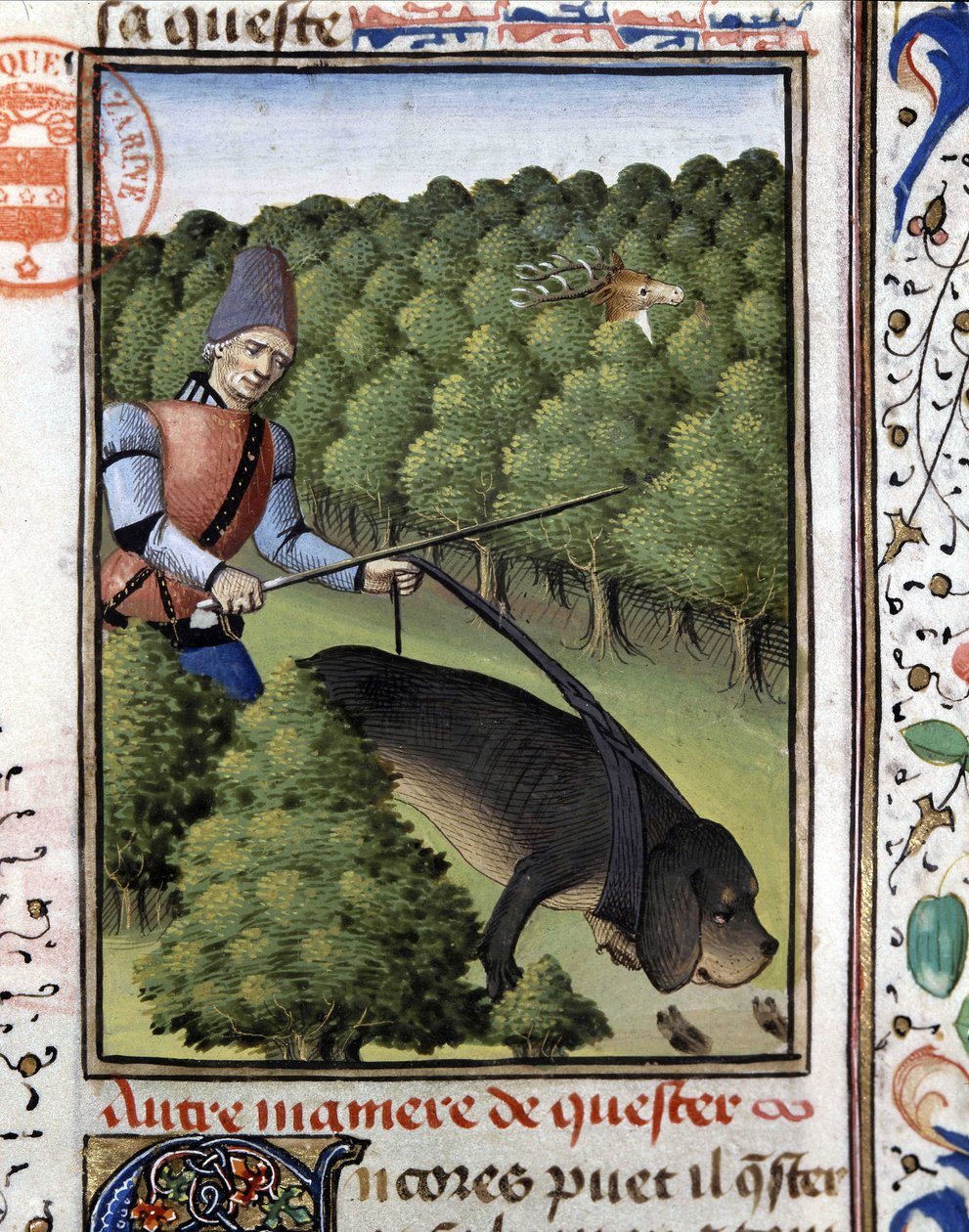 Vadászjelenet: egy kutya a szarvast nyomon követi (érzékiség) – a „” The Hunting Book of Gaston Phoebus, Foix grófja, Béarn ura” című filmben” alkotó: French School