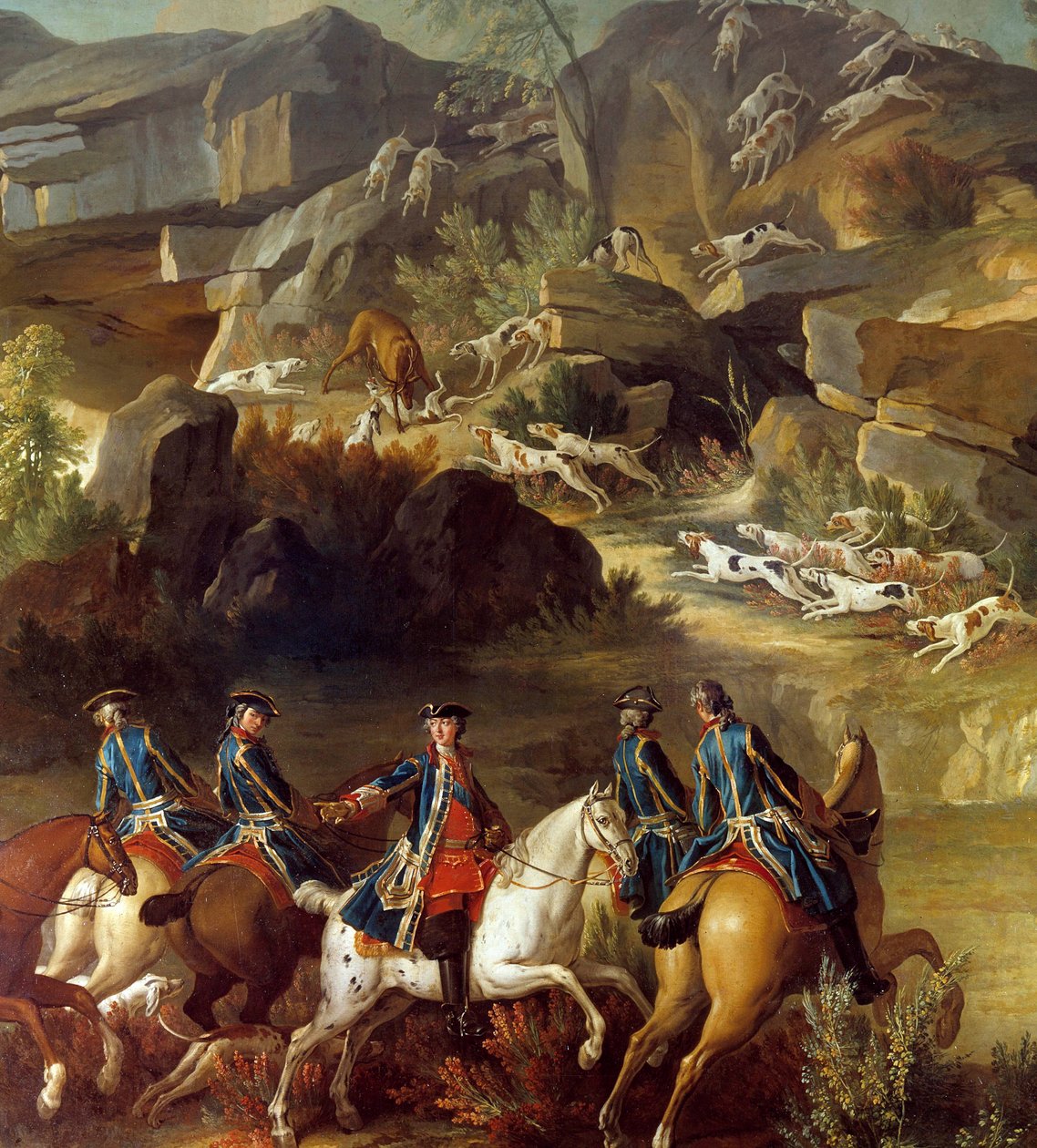 Vadászjelenet futott. A lovasok a kutyák által megragadt őzike felé tartanak. Részlet egy névtelen 18. századi festményről. Gien, Vadászati Múzeum alkotó: French School