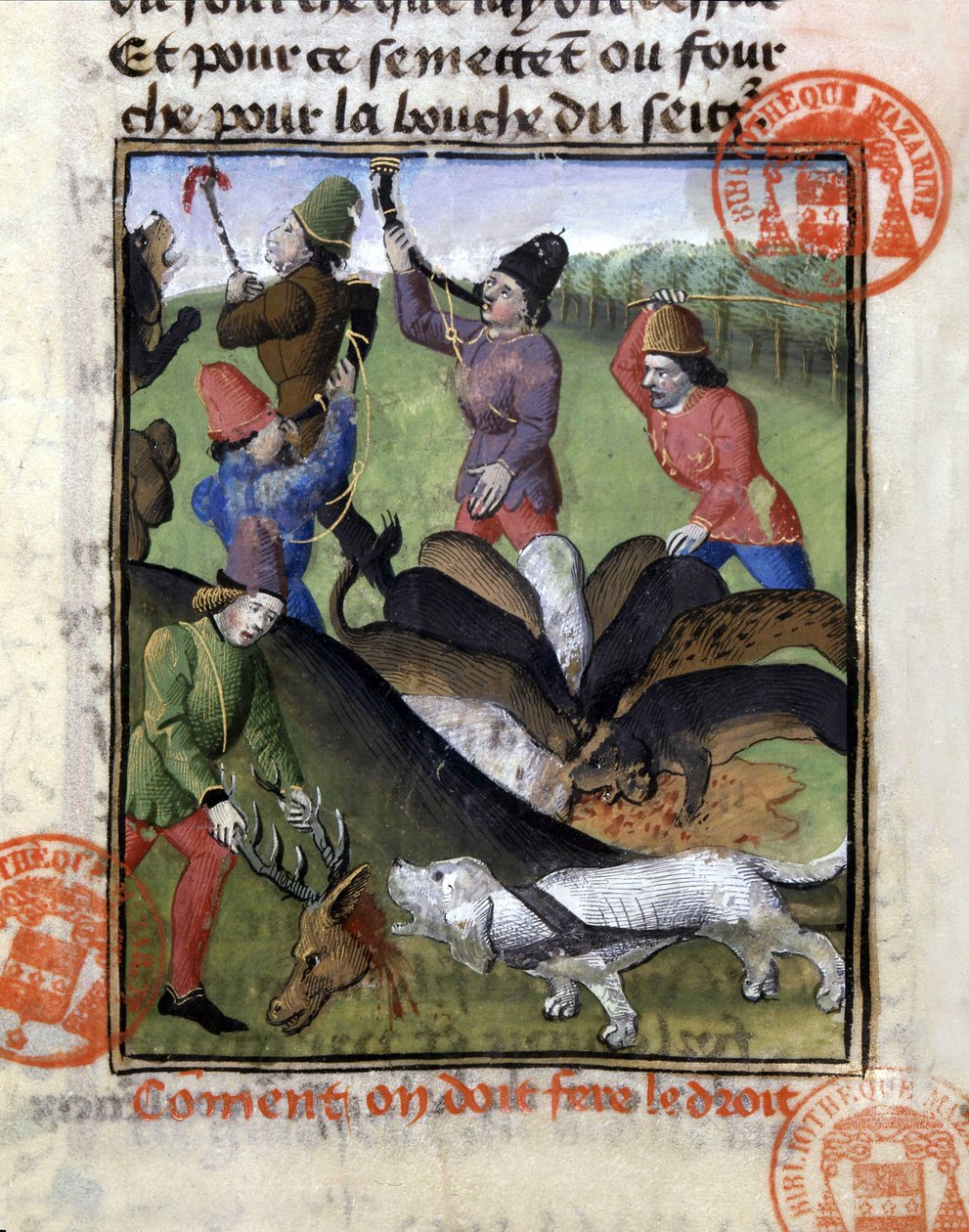 Vadászjelenet: a szarvas részesedése a kutyafalkának – a „” Gaston Phoebus, Foix grófja, Béarn ura” vadászkönyvében” alkotó: French School