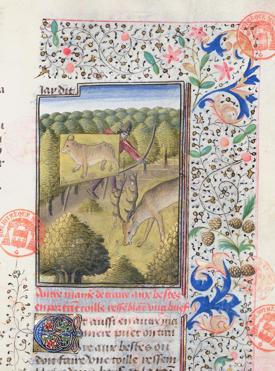 Vadász, aki egy csali mögé rejtőzik szarvasvadászat közben, a Livre de la Chasse-ból, Gaston Phebus de Foix (1331-91) alkotó: French School