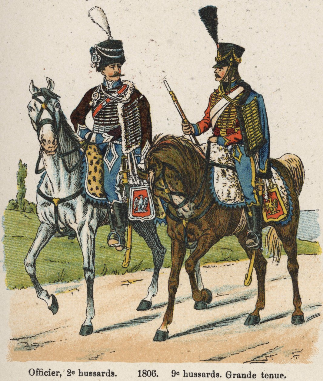 Huszárok 1. vendemiary An XII (1803. szeptember 24.): Tiszt, 2. huszár és 9. huszár nagyszerű ruhában 1806-ban. Lemez Lienhart és Humbert Les Uniforms de l