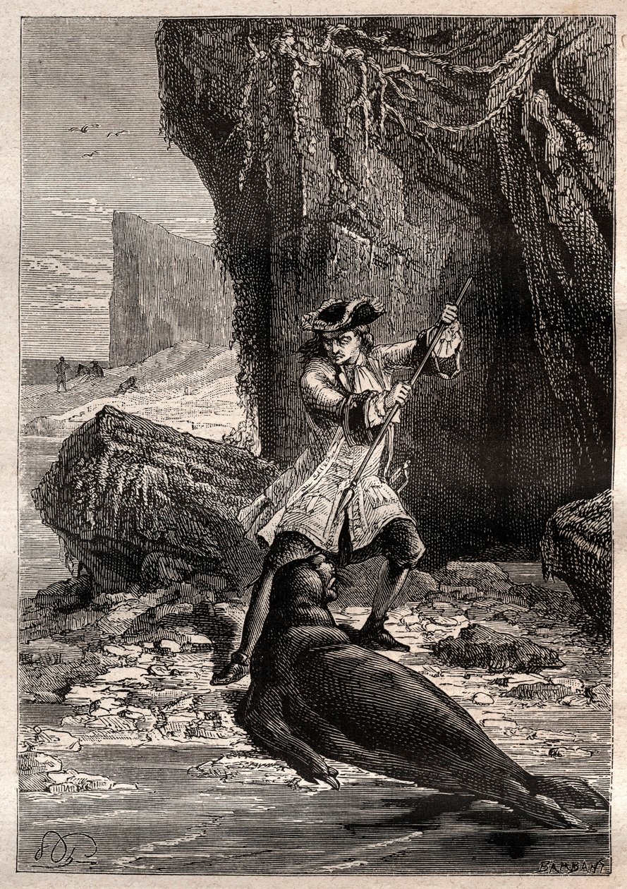 A mellkasába nyomtam az ásót: Woodes Rogerst (1679-1732) egy tengeri kutya (fóka) támadta meg a Csendes-óceán egyik Galápagos szigetén 1709-ben – az illusztráció a „18. századi nagy tengerészek” című könyvből vett. alkotó: French School