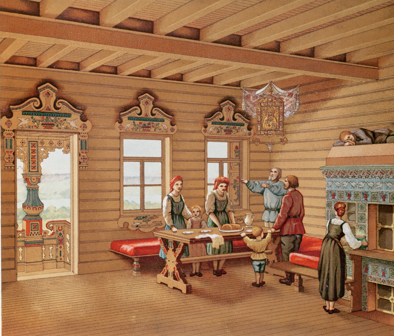 Egy orosz izba idealizált belseje, 1880 körül (színes metszet) alkotó: French School