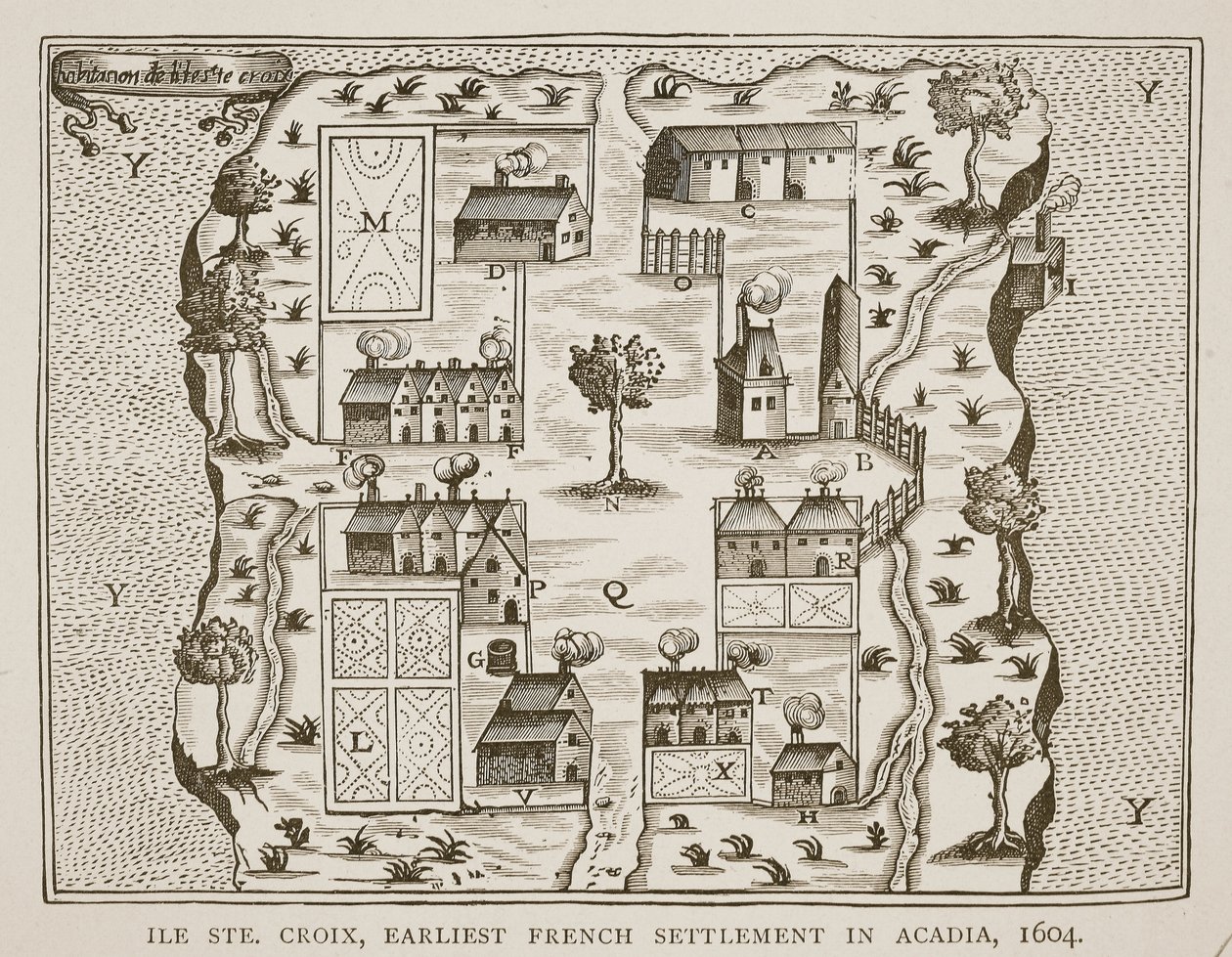 Ile Ste. Croix, a legkorábbi francia település Acadiában, 1604, Samuel de Champlain (kb. 1580-1635) Utakból, 1613 alkotó: French School