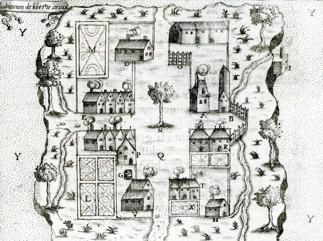 Ile Ste. Croix, a legkorábbi francia település Acadiában, 1604, Samuel de Champlain (kb. 1580-1635) Utakból, 1613 alkotó: French School