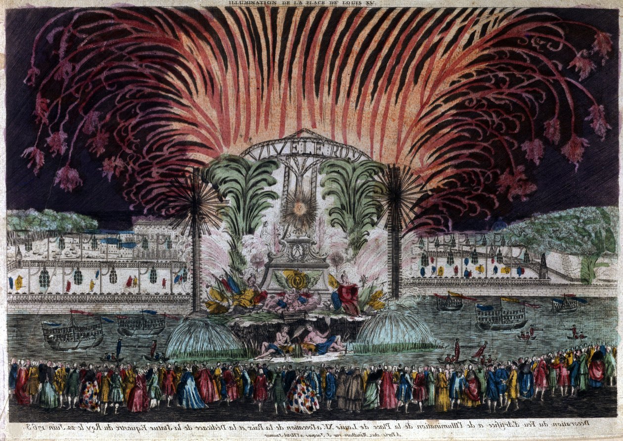 Kivilágítás és tűzijáték a párizsi XV. Lajos téren a béke és a király lovas szobrának felavatása alkalmából 1763. június 22-én. Privee Collection alkotó: French School