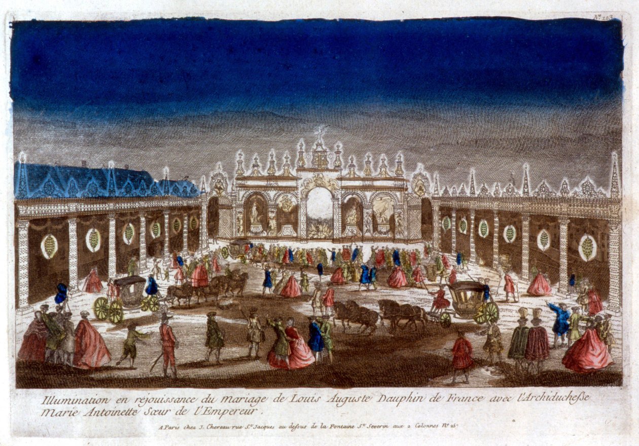 Világítás Louis Auguste francia delfin (XVI. Lajos) házasságának ünnepére Marie Antoinette főhercegnővel, a császár nővérével - metszet alkotó: French School