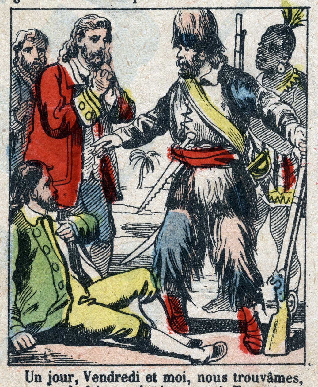 Illusztráció Daniel Defoe könyvéhez (De foe) „” Robinson Crusoe””. Epinális képalkotás a 19. század végéről. alkotó: French School