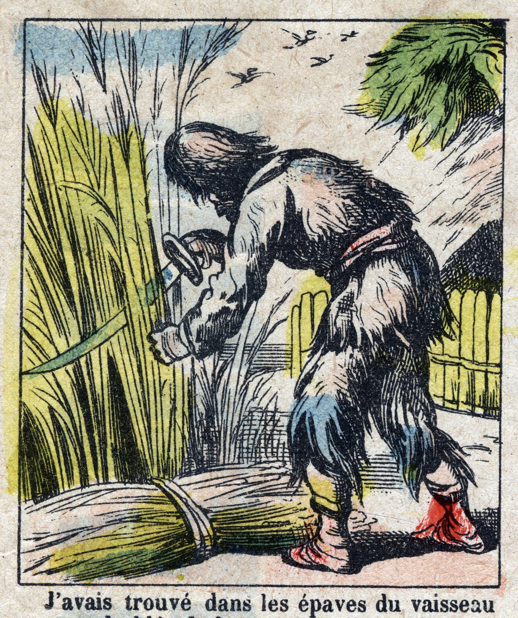 Illusztráció Daniel Defoe könyvéhez (De foe) „” Robinson Crusoe””. Epinális képalkotás a 19. század végéről. alkotó: French School