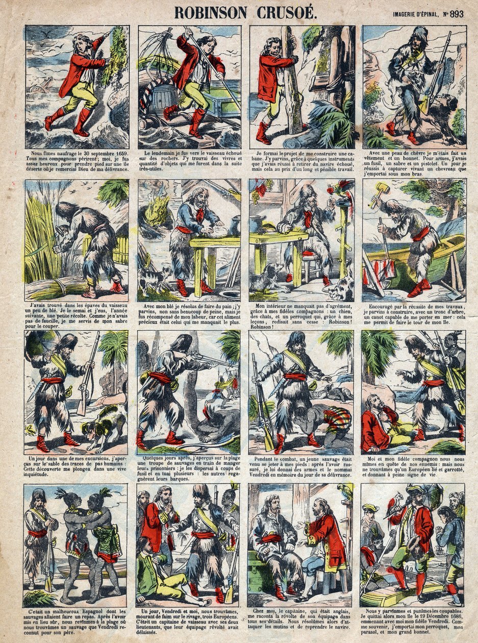 Illusztráció Daniel Defoe könyvéhez (De foe) „” Robinson Crusoe””. Epinális képalkotás a 19. század végéről. alkotó: French School