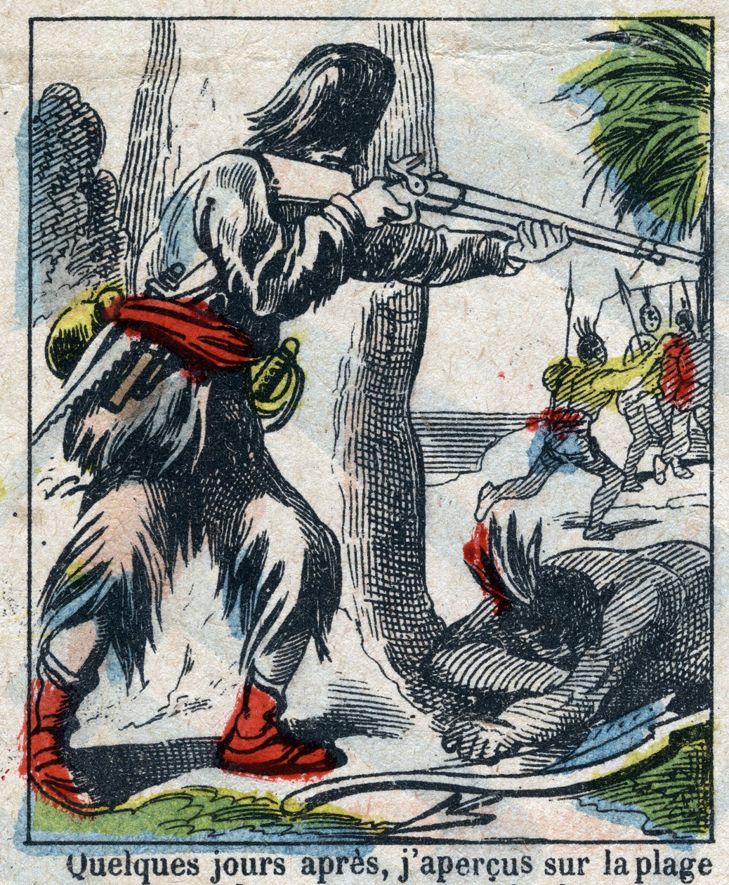 Illusztráció Daniel Defoe könyvéhez (De foe) „” Robinson Crusoe””. Epinális képalkotás a 19. század végéről. alkotó: French School