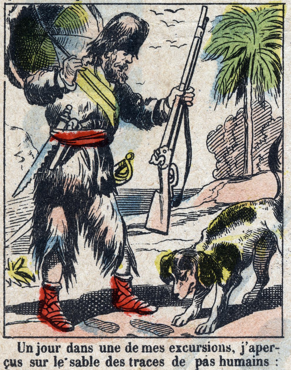 Illusztráció Daniel Defoe könyvéhez (De foe) „” Robinson Crusoe””. Epinális képalkotás a 19. század végéről. alkotó: French School