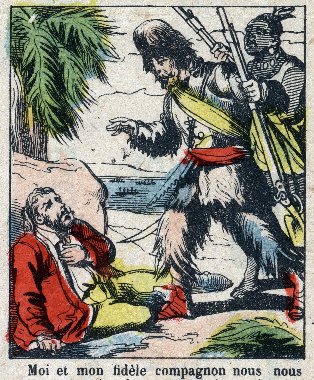 Illusztráció Daniel Defoe könyvéhez (De foe) „” Robinson Crusoe””. Epinális képalkotás a 19. század végéről. alkotó: French School