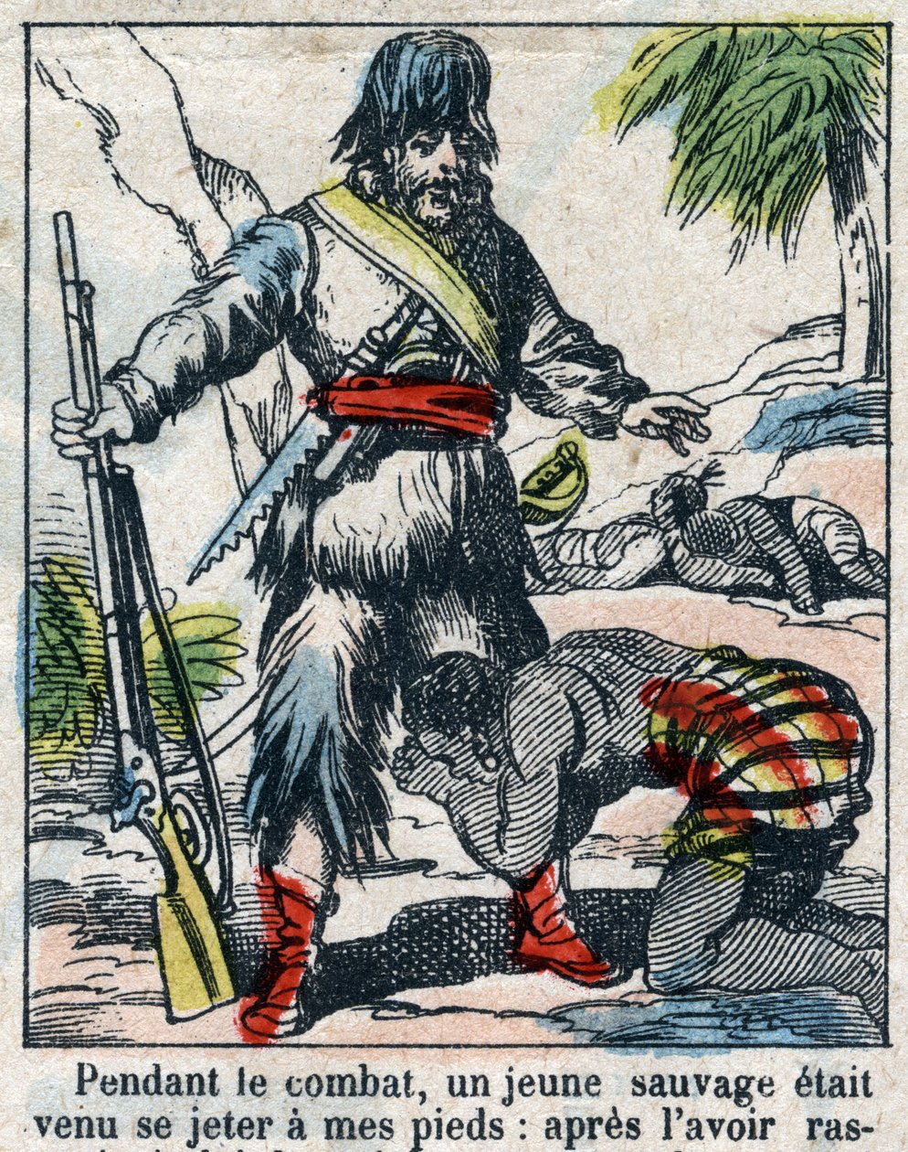 Illusztráció Daniel Defoe könyvéhez (De foe) „” Robinson Crusoe””. Epinális képalkotás a 19. század végéről. alkotó: French School