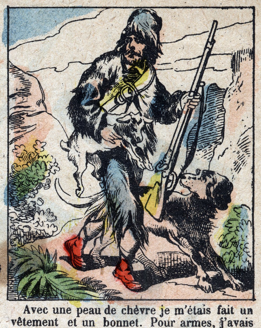 Illusztráció Daniel Defoe könyvéhez (De foe) „” Robinson Crusoe””. Epinális képalkotás a 19. század végéről. alkotó: French School