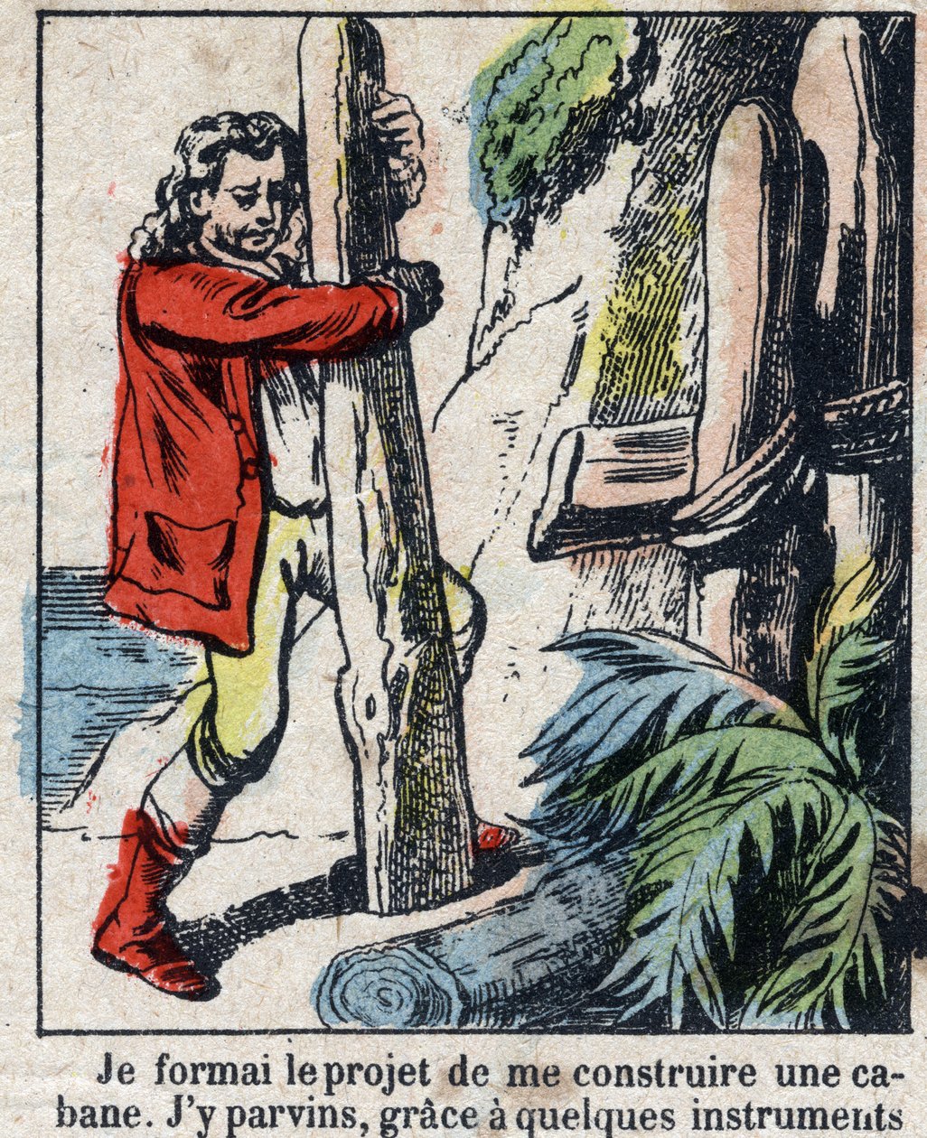 Illusztráció Daniel Defoe könyvéhez (De foe) „” Robinson Crusoe””. Epinális képalkotás a 19. század végéről. alkotó: French School