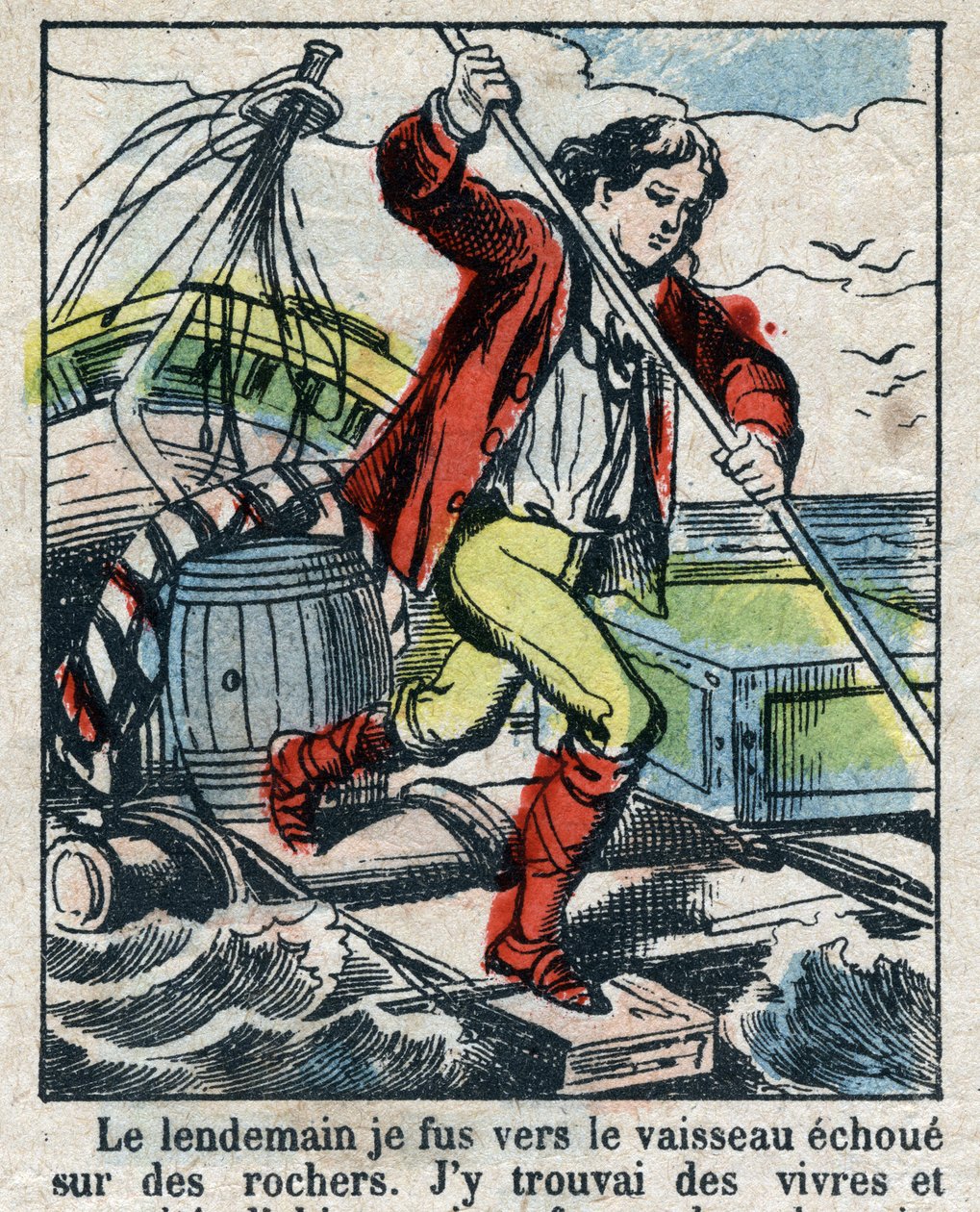 Illusztráció Daniel Defoe könyvéhez (De foe) „” Robinson Crusoe””. Epinális képalkotás a 19. század végéről. alkotó: French School