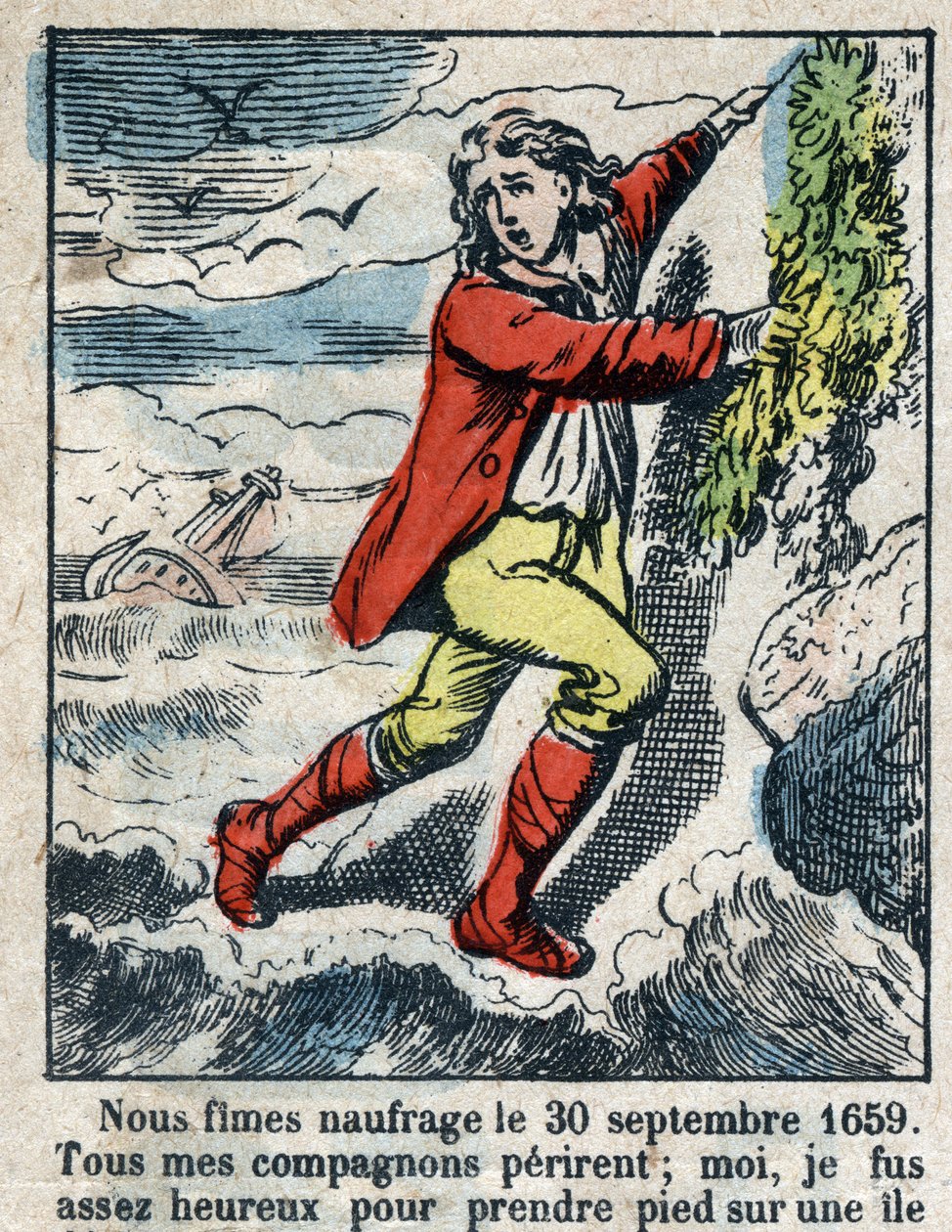 Illusztráció Daniel Defoe könyvéhez (De foe) „” Robinson Crusoe””. Epinális képalkotás a 19. század végéről. alkotó: French School