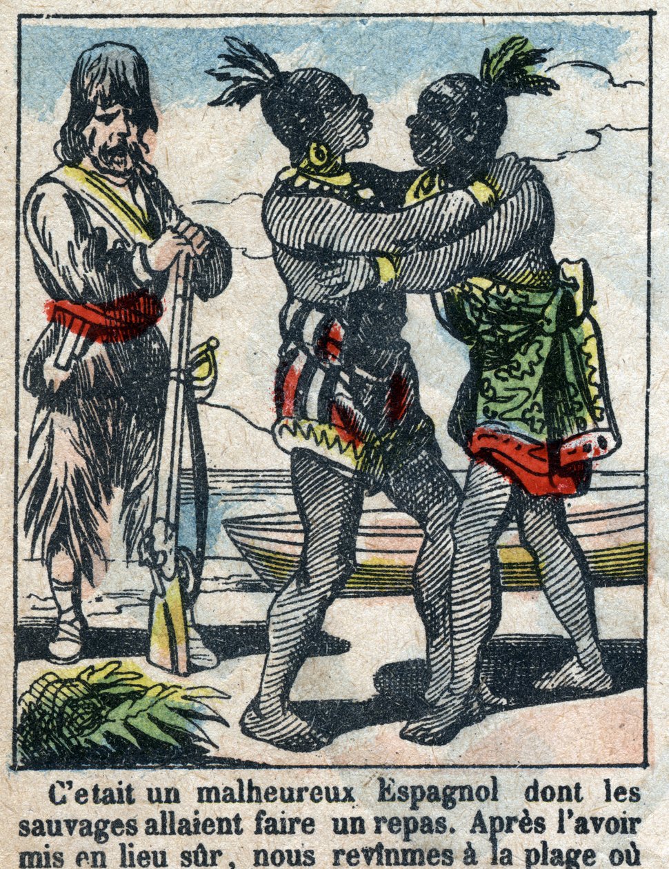 Illusztráció Daniel Defoe könyvéhez (De foe) „” Robinson Crusoe””. Epinális képalkotás a 19. század végéről. alkotó: French School