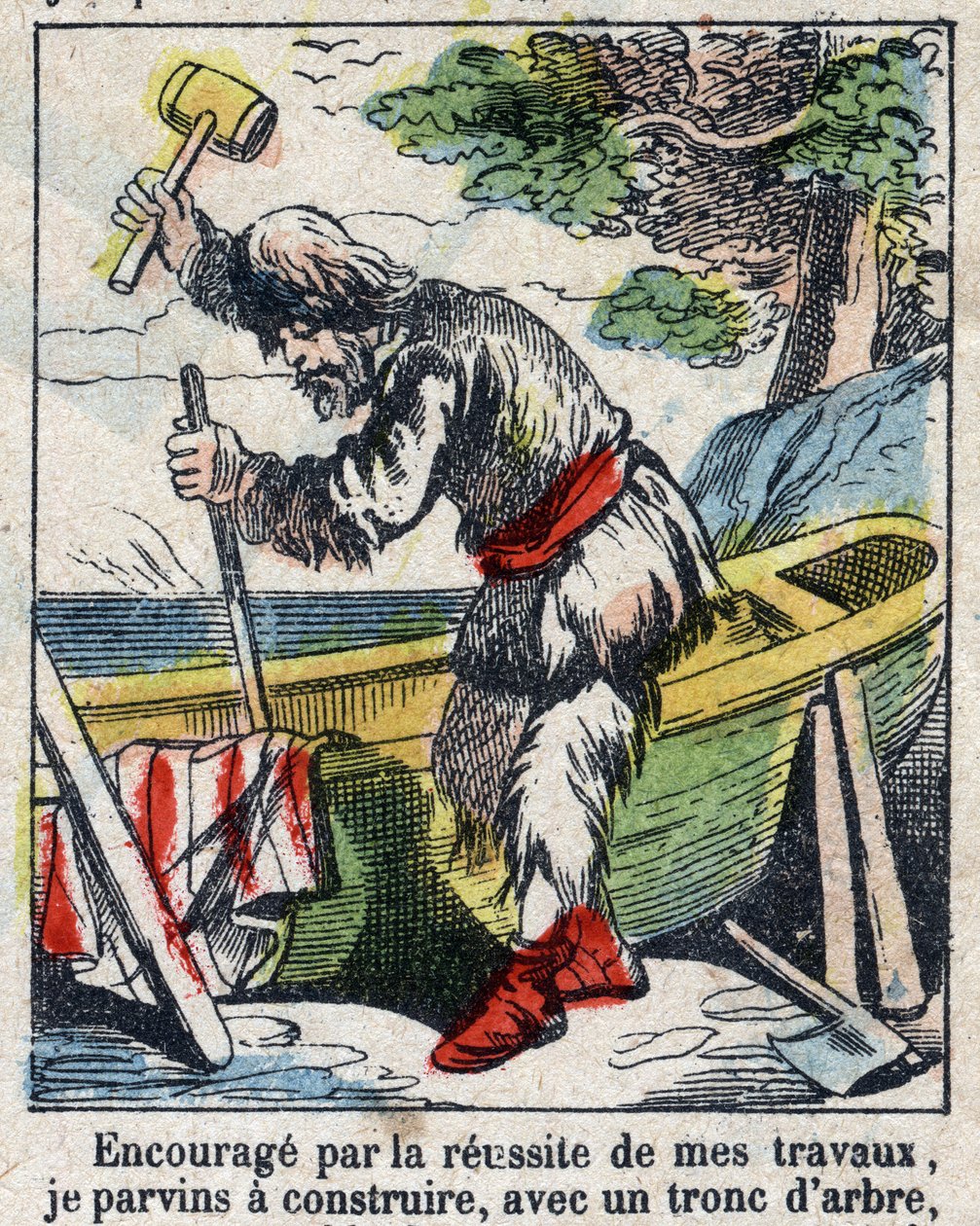 Illusztráció Daniel Defoe könyvéhez (De foe) „” Robinson Crusoe””. Epinális képalkotás a 19. század végéről. alkotó: French School