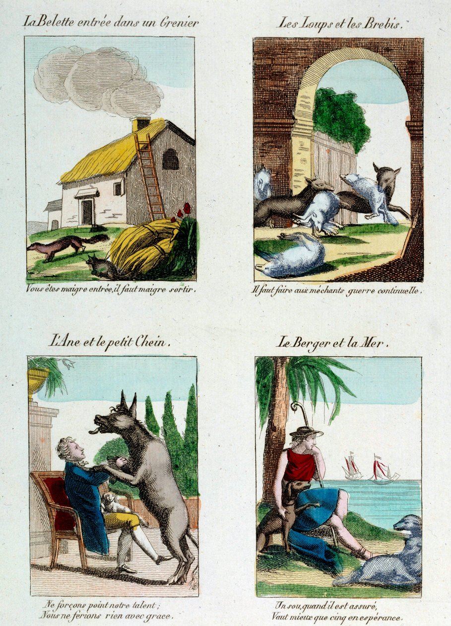 Illusztráció tábla Jean de La Fontaine (1621-1695) meséihez: menyét belépett a padlásra, farkasok és birkák, szamár és kutya, pásztor és tenger. Metszés alkotó: French School