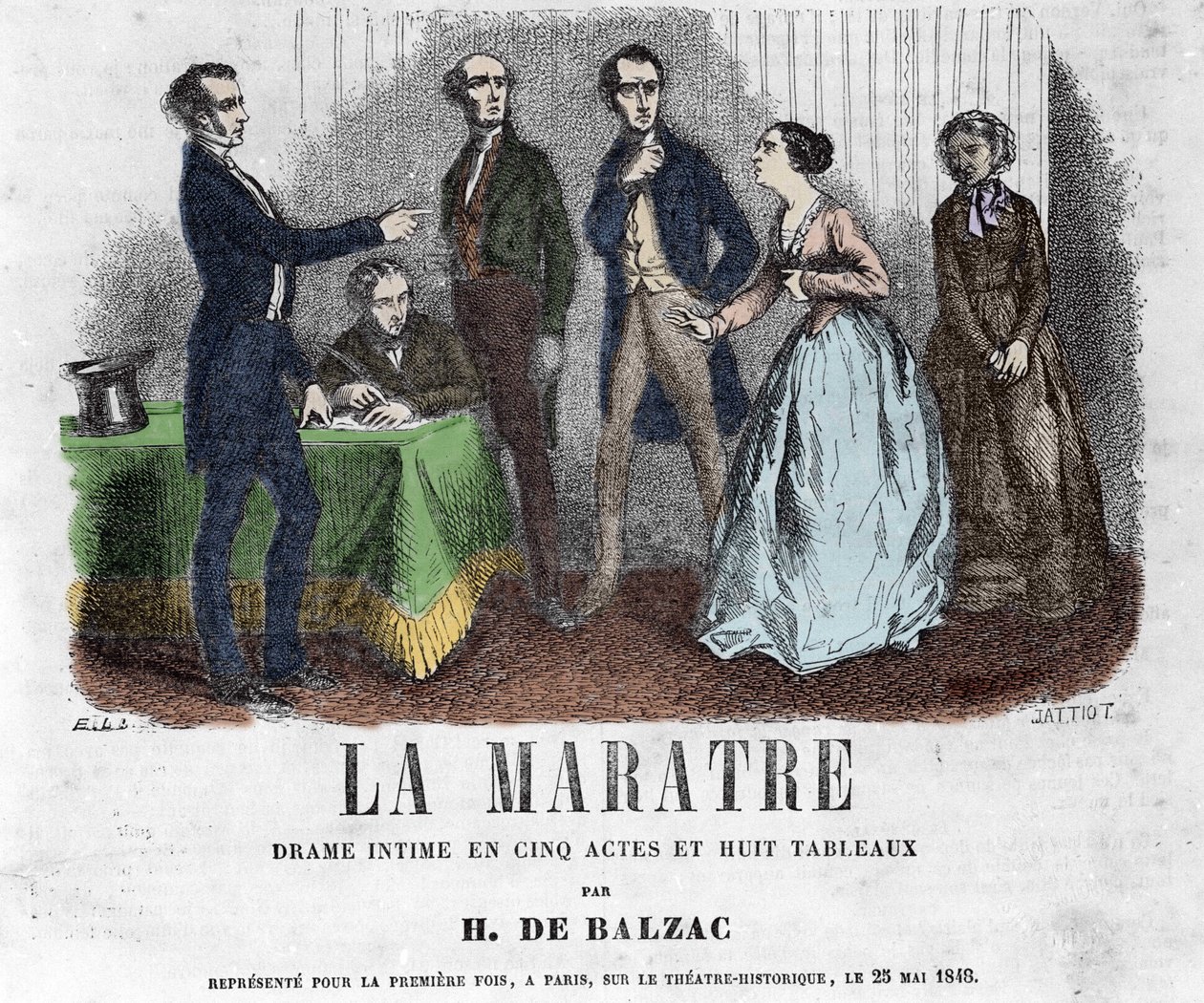 Illusztráció a „La Maratre” című drámához, öt felvonásban és nyolc festményben, amelyet Honore de Balzac írt. alkotó: French School
