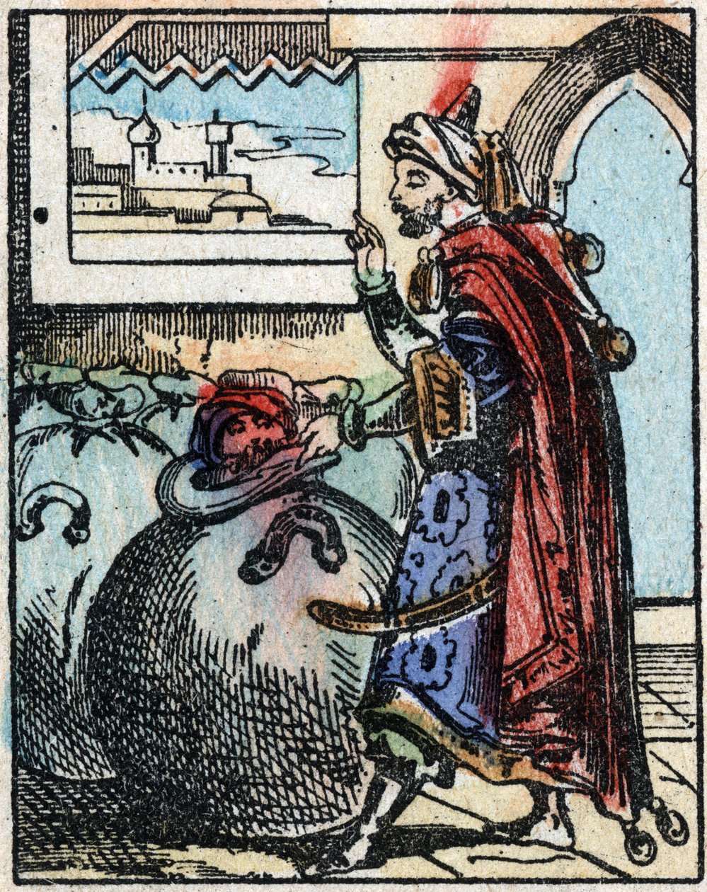 Illusztráció az Ezeregyéjszaka meséihez. Ali-Baba (Ali Baba).Fametszet az Imaging Pellerin - Epinal, sd. 19. század vége. alkotó: French School