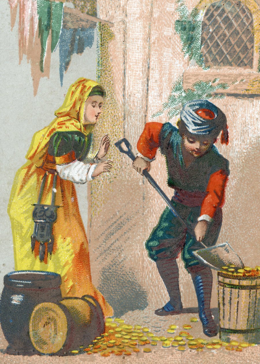 Illusztráció az Ezeregyéjszaka meséihez. Ali-Baba (Ali Baba) megrakja arany szamarait és hazatér, Kromolitográfia 1890 körül. alkotó: French School