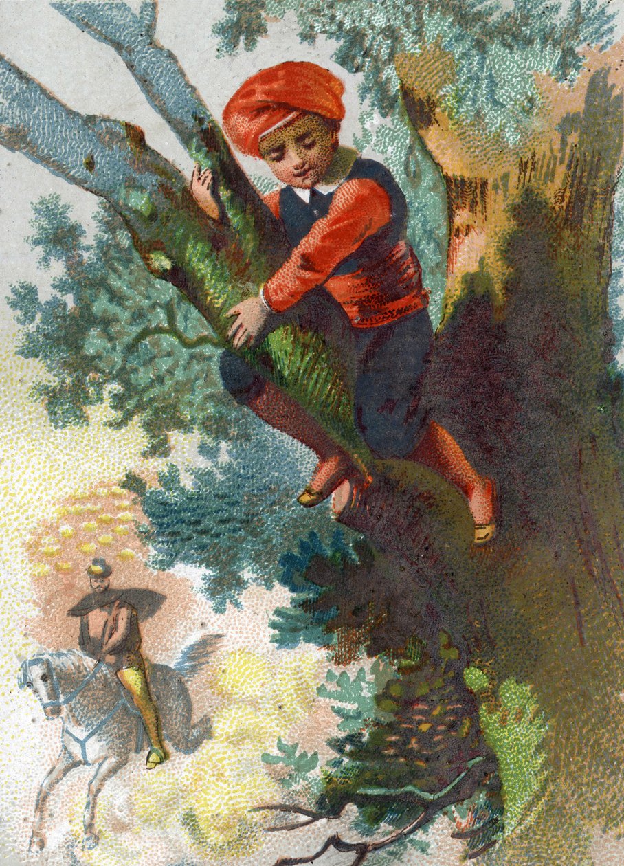 Illusztráció az Ezeregyéjszaka meséihez. Ali-Baba (Ali Baba) látva egy csapat tolvajt, aki messziről jön az erdőbe, elrejtőzik egy fában. Kromolitográfia 1890 körül. alkotó: French School