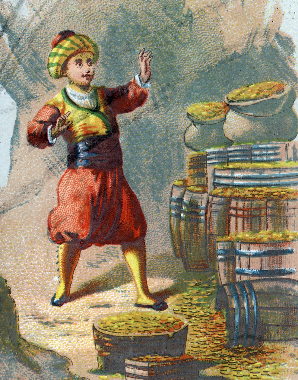 Illusztráció az Ezeregyéjszaka meséihez. Ali Baba (Ali-Baba) belép a sziklába, mondván: Szezám kinyit, és aranyhordókat lát. Kromolitográfia 1890 körül. alkotó: French School