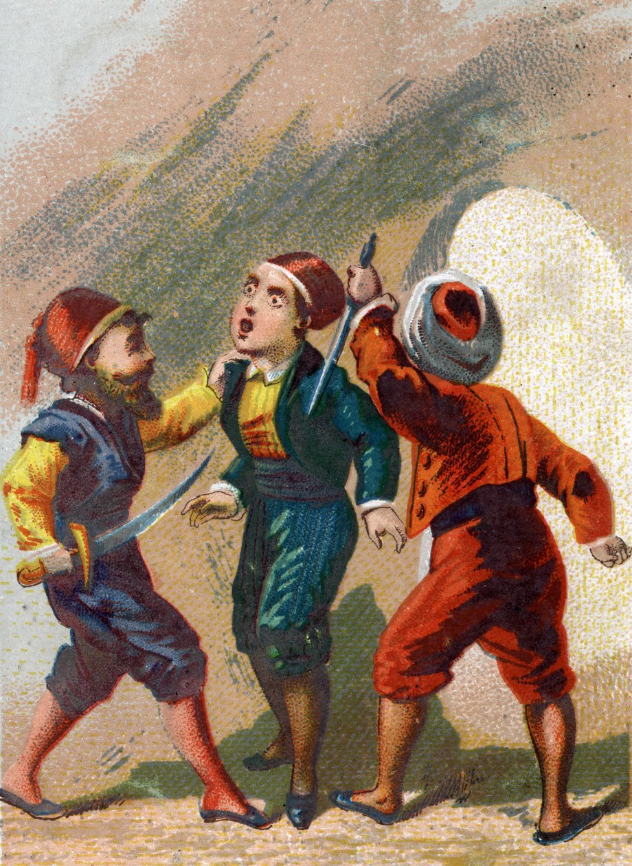 Illusztráció az Ezeregyéjszaka meséihez. Cassim, aki féltékeny Ali Babára (Ali Baba), szintén a barlangba megy, de elfelejti a szót, hogy kimenjen, és meggyilkolják a tolvajok. Kromolitográfia 1890 körül. alkotó: French School