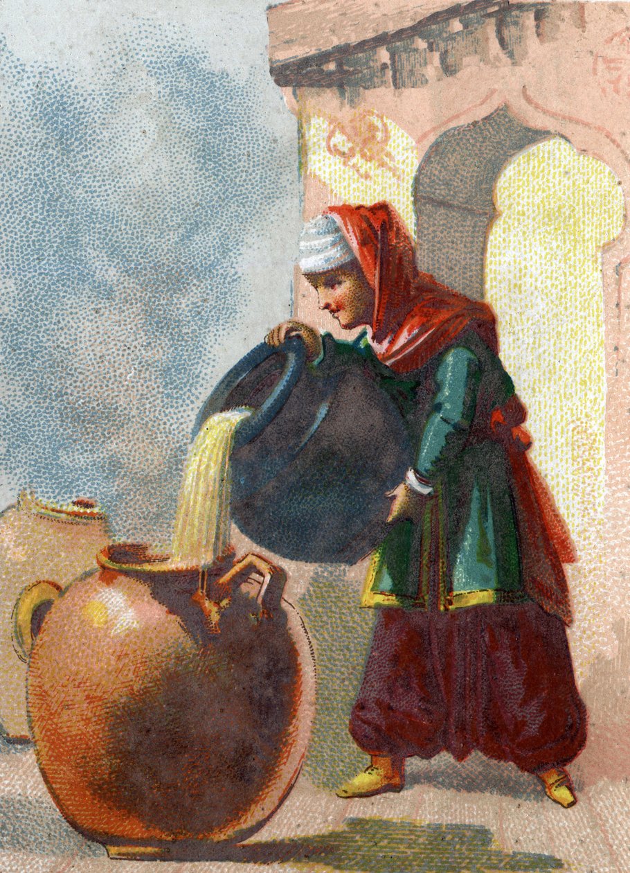 Illusztráció az Ezeregyéjszaka meséihez. Morgiane, Ali Baba (Ali Baba) rabszolgája, felismerve, hogy a vázákban tolvajok vannak, úgy vette el az életüket, hogy forró olajat öntött minden edénybe. Kromolitográfia 1890 körül. alkotó: French School