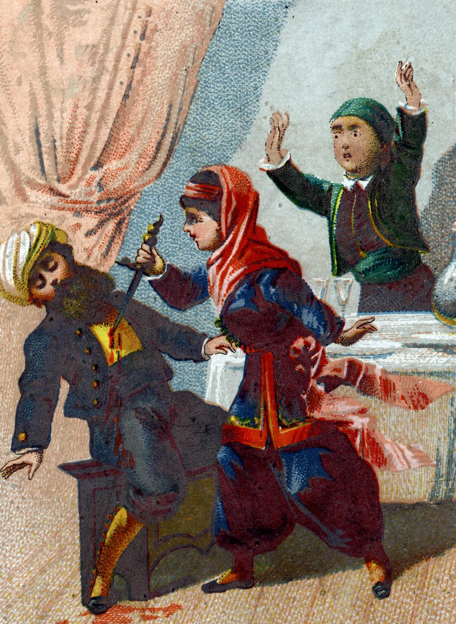 Illusztráció az Ezeregyéjszaka meséihez. A kapitány újra álcázza magát, és visszatér Ali Babához (Ali baba), de Morgiane felismeri és tánc közben leszúrja. Kromolitográfia 1890 körül. alkotó: French School